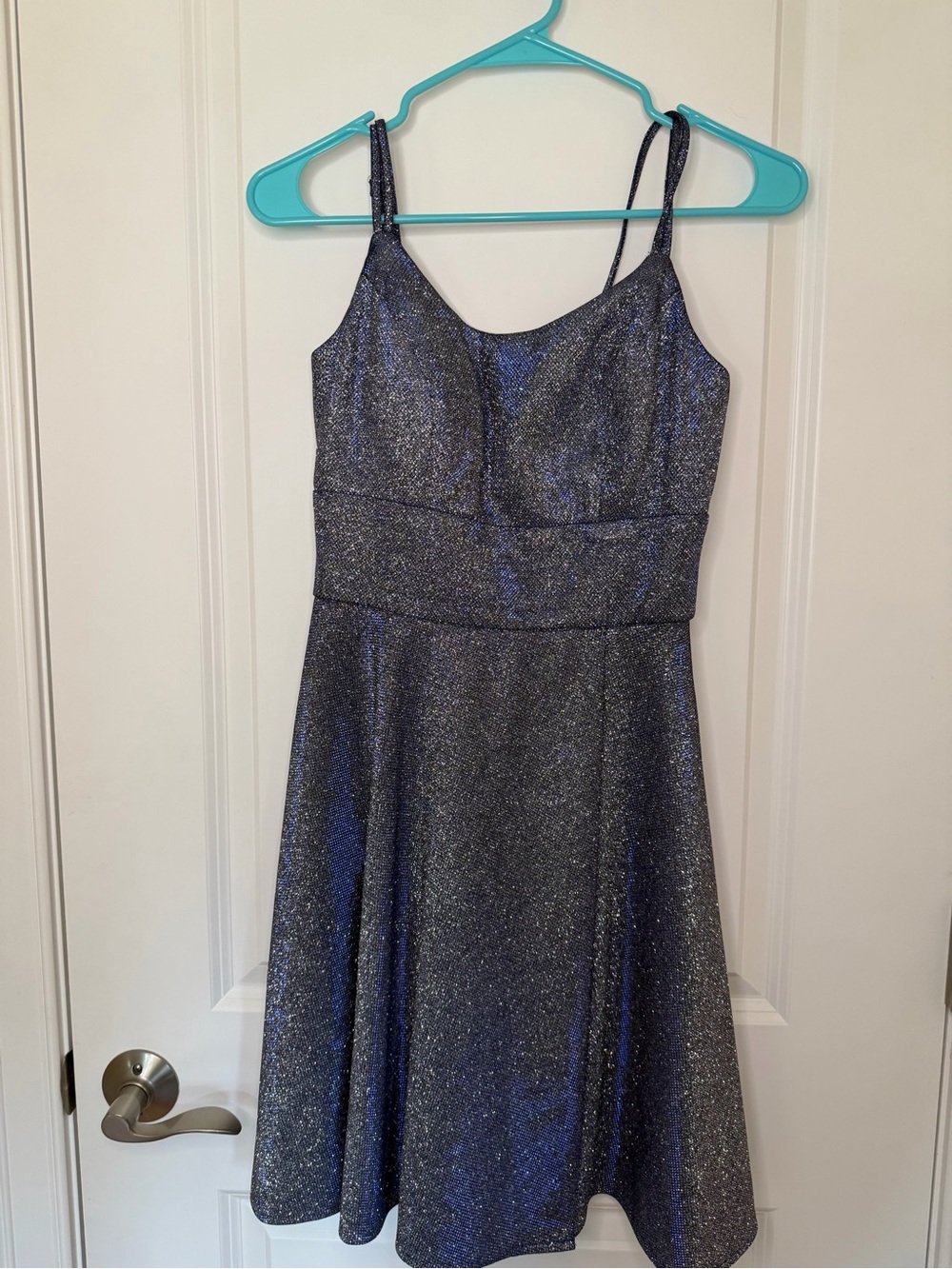 Morgan & Co. Glittery Navy-Gray Fit-and-Flare Spaghetti Strap Dress